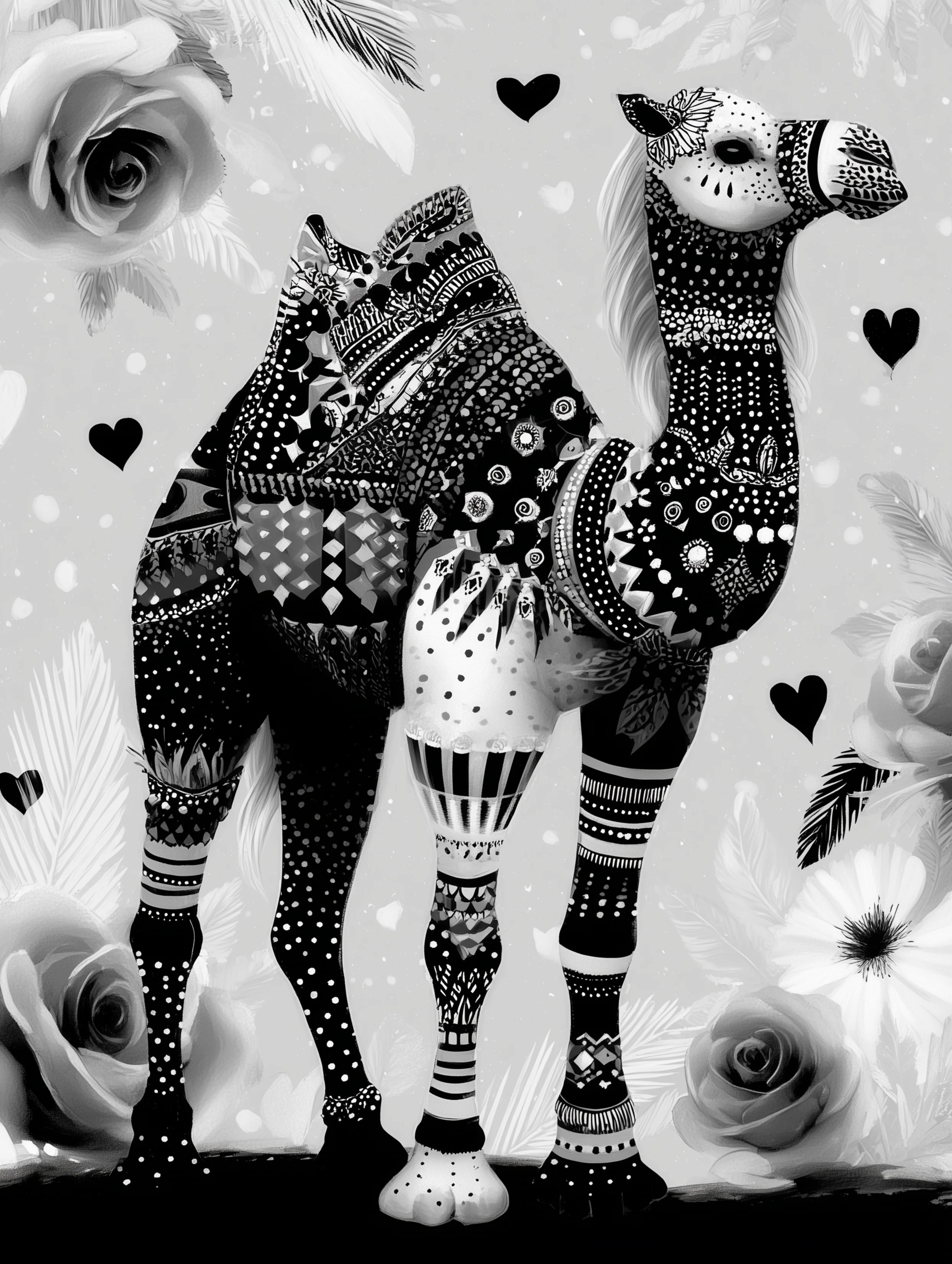 Free printable camel coloring page for adults featuring mostly black camel